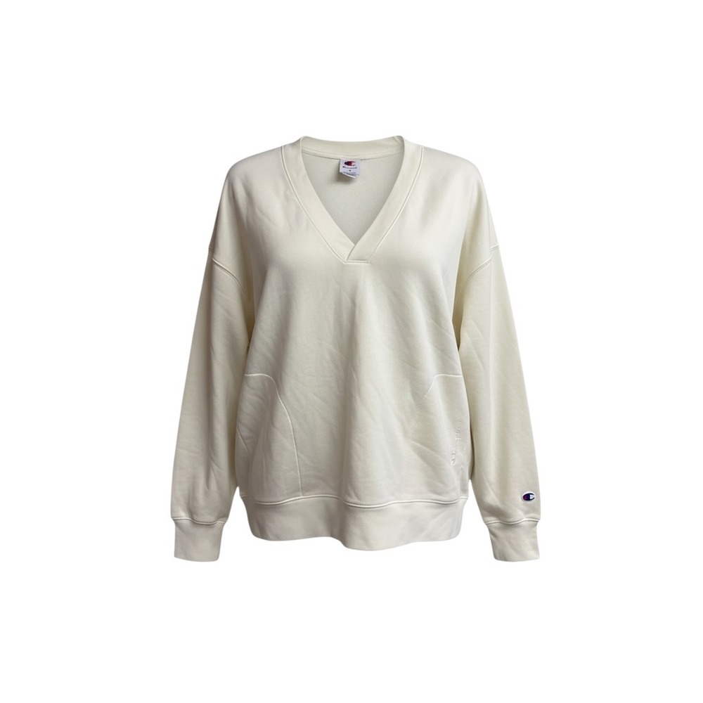 Champion Womens V-Neck Sweatshirt Cream Off White Loose Fit Pullover Small NWT